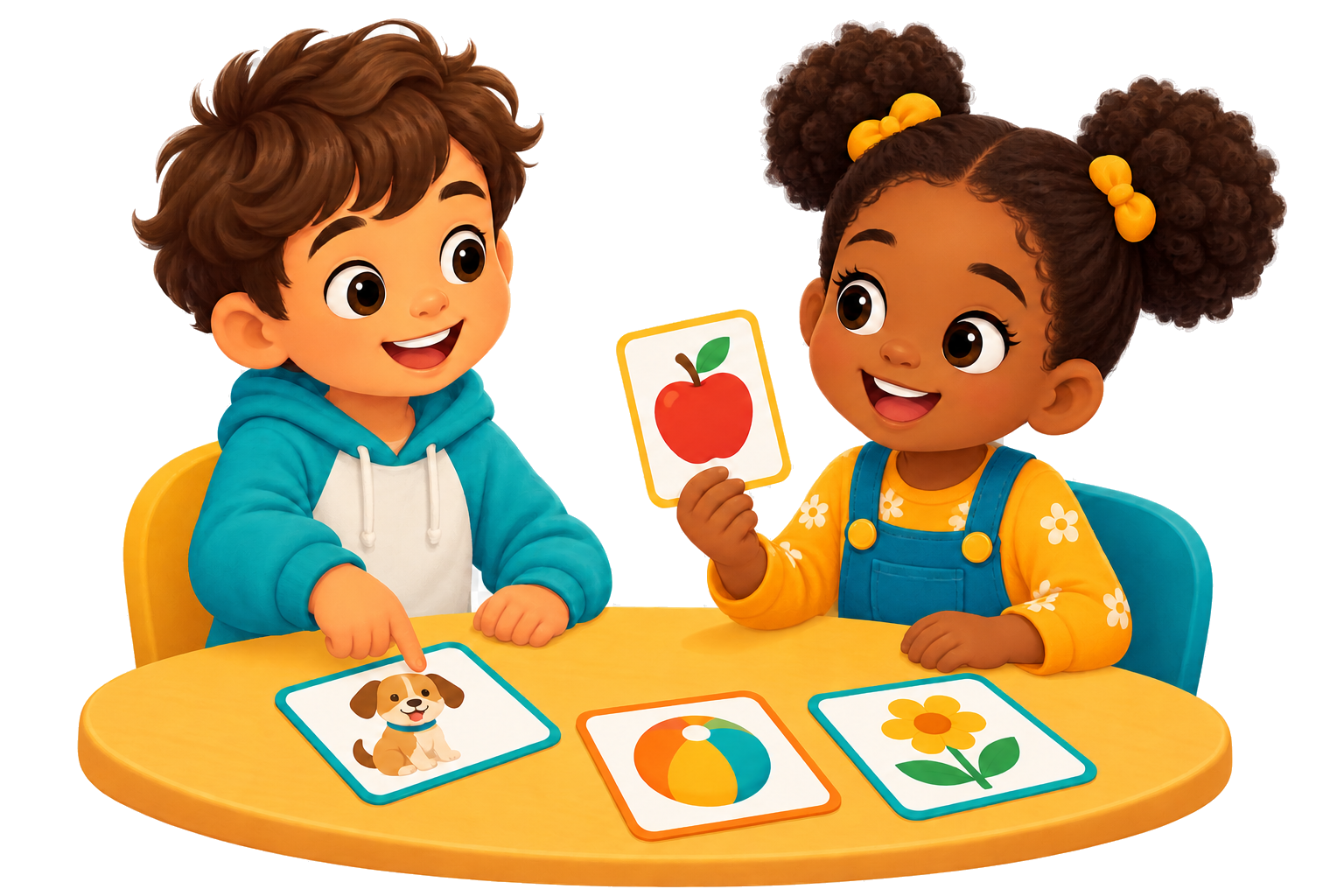 Dos niños practicando lenguaje con pictogramas